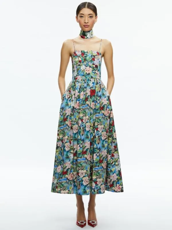 Dresses Women Alice Olivia GLYNIS SPAGHETTI STRAP SCARF MIDI DRESS Breeze Floral