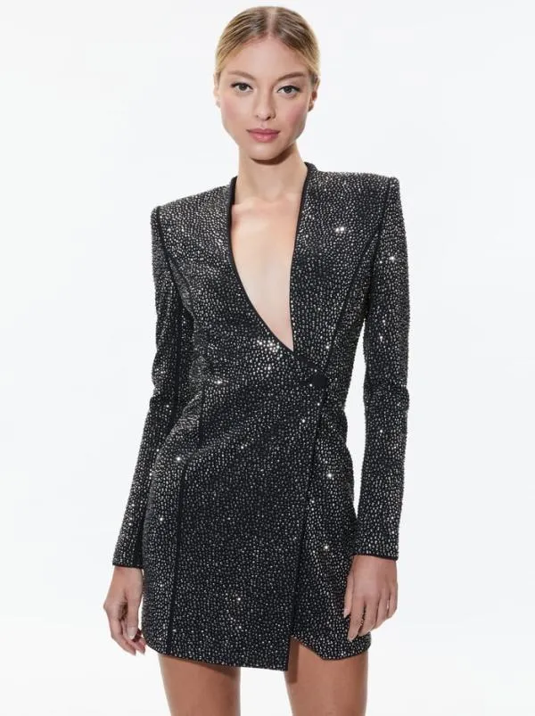 Dresses Women Alice Olivia GUENDA EMBELLISHED CURVED NECKLINE BLAZER DRESS Blackgunmetal