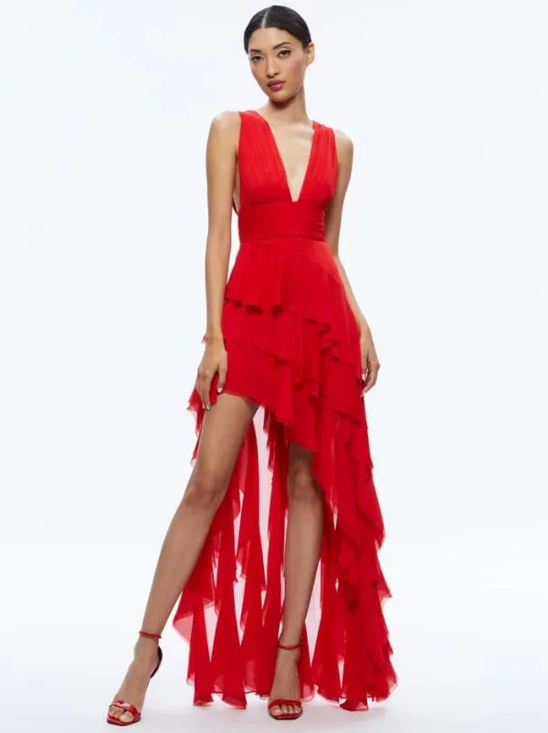 Dresses Women Alice Olivia HOLLY ASYMMETRIC RUFFLE MAXI DRESS Bright Ruby