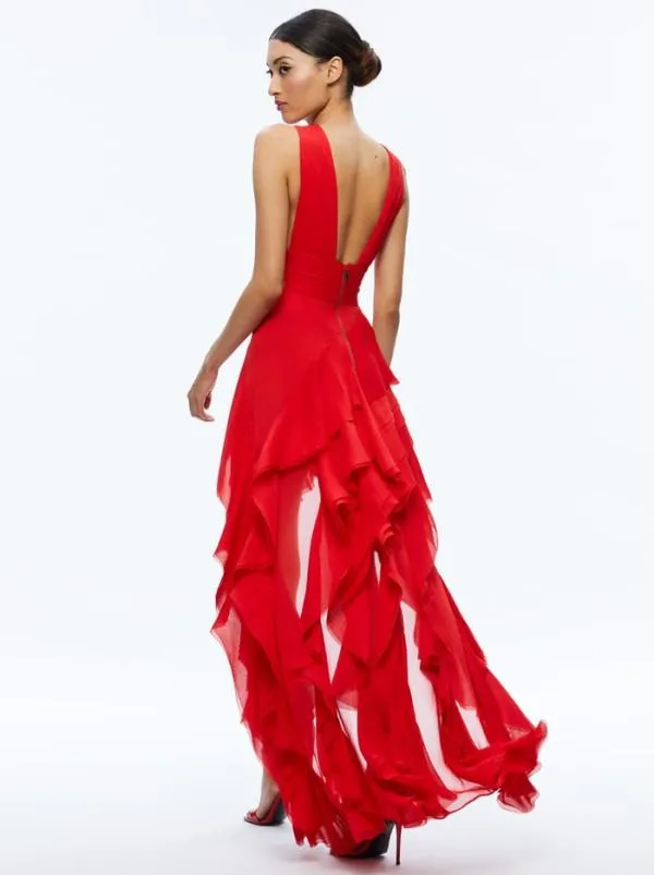 Dresses Women Alice Olivia HOLLY ASYMMETRIC RUFFLE MAXI DRESS Bright Ruby