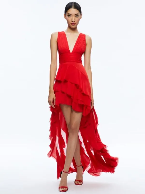 Dresses Women Alice Olivia HOLLY ASYMMETRIC RUFFLE MAXI DRESS Bright Ruby