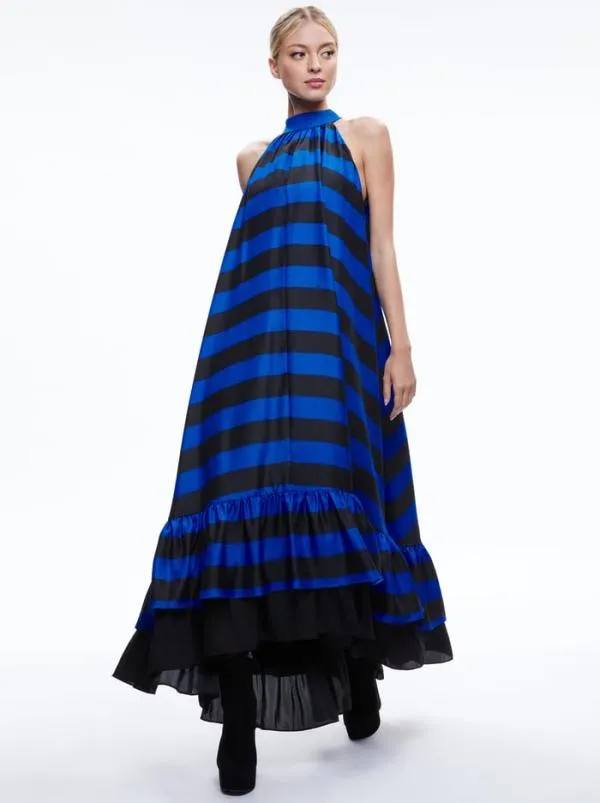 Dresses Women Alice Olivia JOVIE HALTER NECK HIGH LOW MAXI DRESS Sapphireblack Stripe