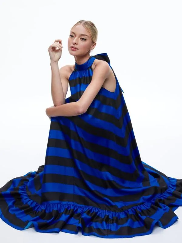 Dresses Women Alice Olivia JOVIE HALTER NECK HIGH LOW MAXI DRESS Sapphireblack Stripe