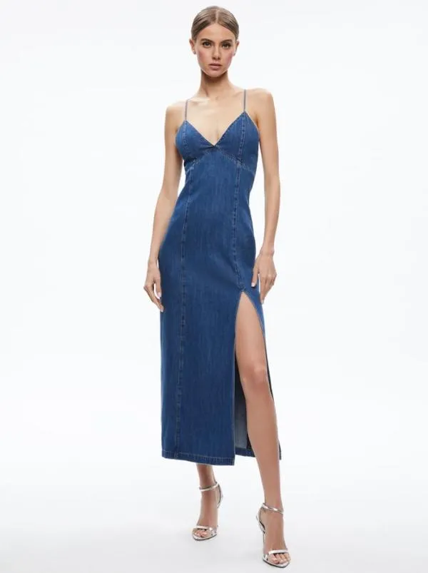 Dresses Women Alice Olivia JULIETTA DENIM SLIP DRESS WITH SLIT Avery Blue
