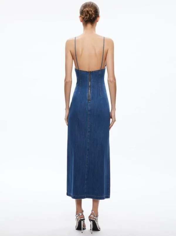 Dresses Women Alice Olivia JULIETTA DENIM SLIP DRESS WITH SLIT Avery Blue