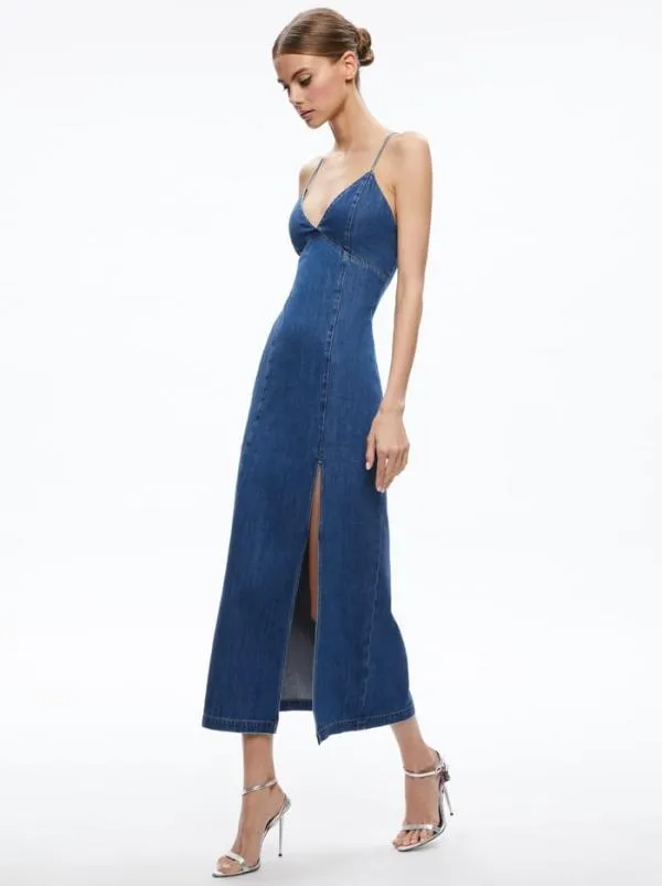 Dresses Women Alice Olivia JULIETTA DENIM SLIP DRESS WITH SLIT Avery Blue