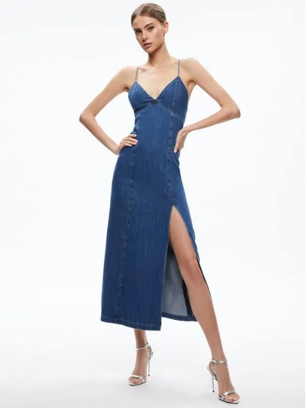 Dresses Women Alice Olivia JULIETTA DENIM SLIP DRESS WITH SLIT Avery Blue