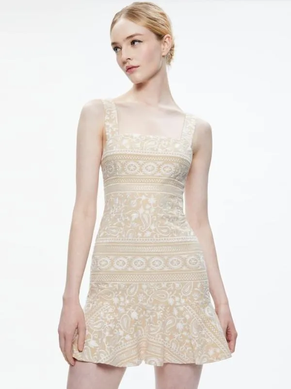 Dresses Women Alice Olivia KAIDRA SQUARE NECK DROP WAIST MINI DRESS Naturalwhite