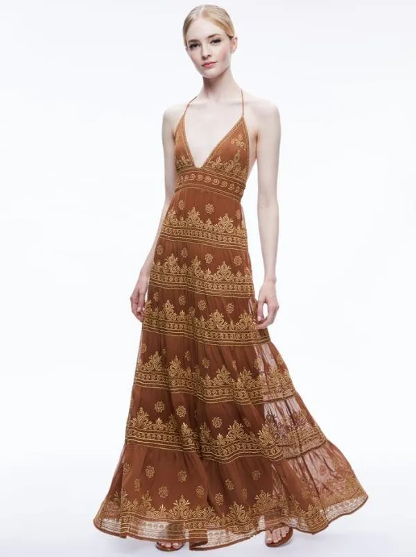 Dresses Women Alice Olivia KAROLINA EMBROIDERED HALTER NECK MAXI DRESS Camelgold Dresses Women Alice Olivia KAROLINA EMBROIDERED HALTER NECK MAXI DRESS Camelgold