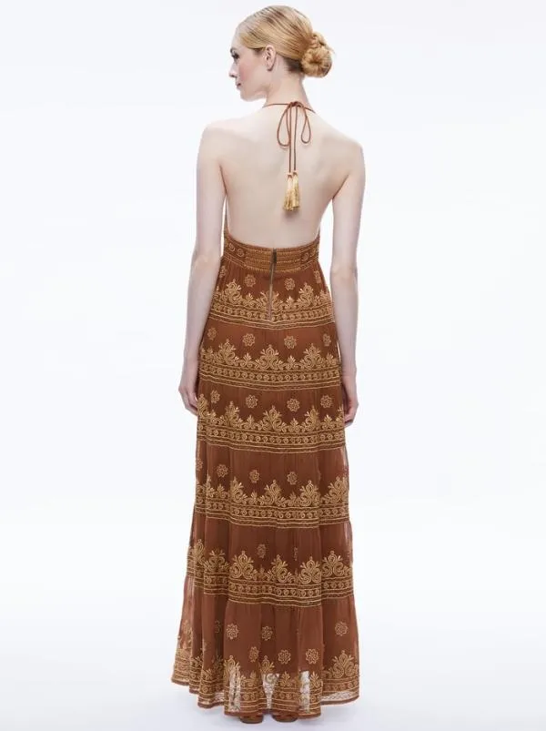 Dresses Women Alice Olivia KAROLINA EMBROIDERED HALTER NECK MAXI DRESS Camelgold