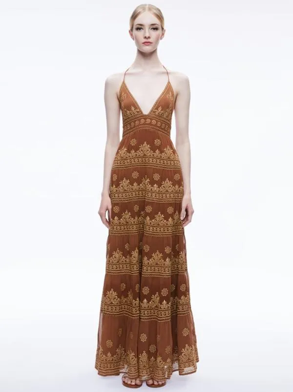 Dresses Women Alice Olivia KAROLINA EMBROIDERED HALTER NECK MAXI DRESS Camelgold