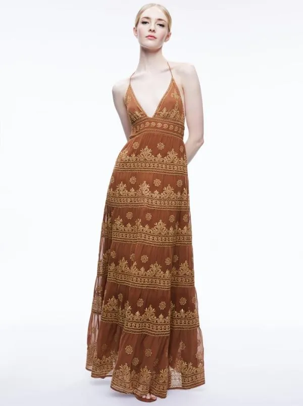 Dresses Women Alice Olivia KAROLINA EMBROIDERED HALTER NECK MAXI DRESS Camelgold