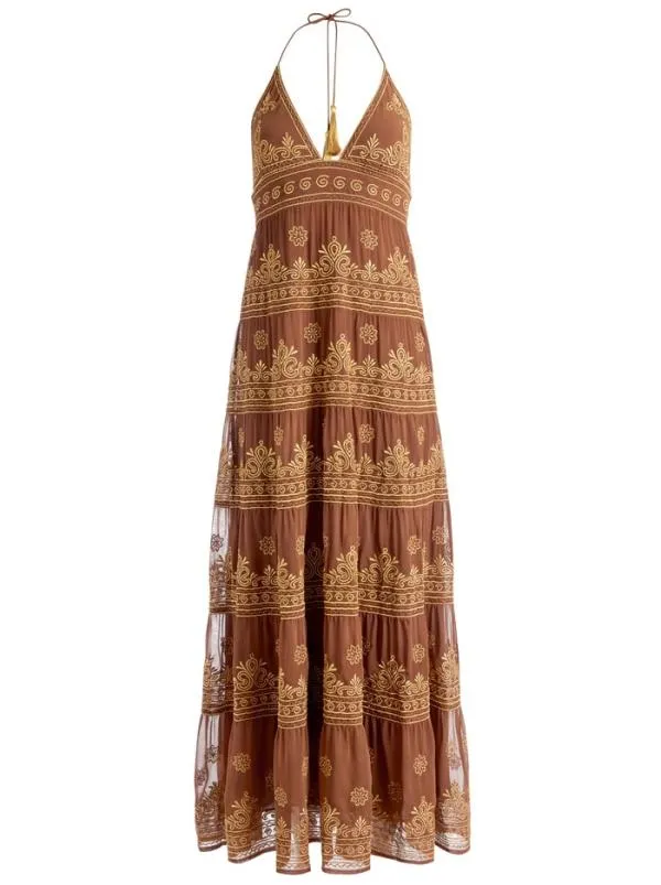 Dresses Women Alice Olivia KAROLINA EMBROIDERED HALTER NECK MAXI DRESS Camelgold