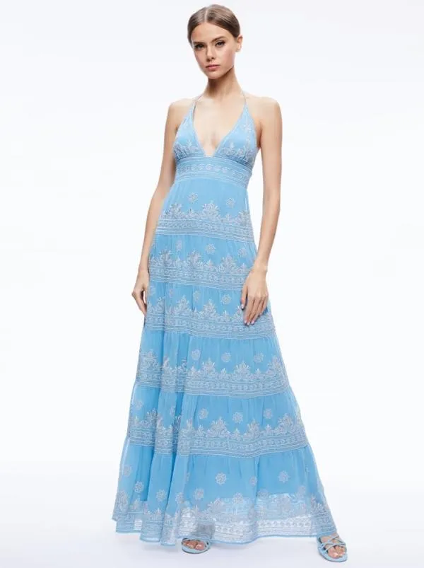 Dresses Women Alice Olivia KAROLINA EMBROIDERED HALTER NECK MAXI DRESS Oxford Bluesilver Dresses Women Alice Olivia KAROLINA EMBROIDERED HALTER NECK MAXI DRESS Oxford Bluesilver