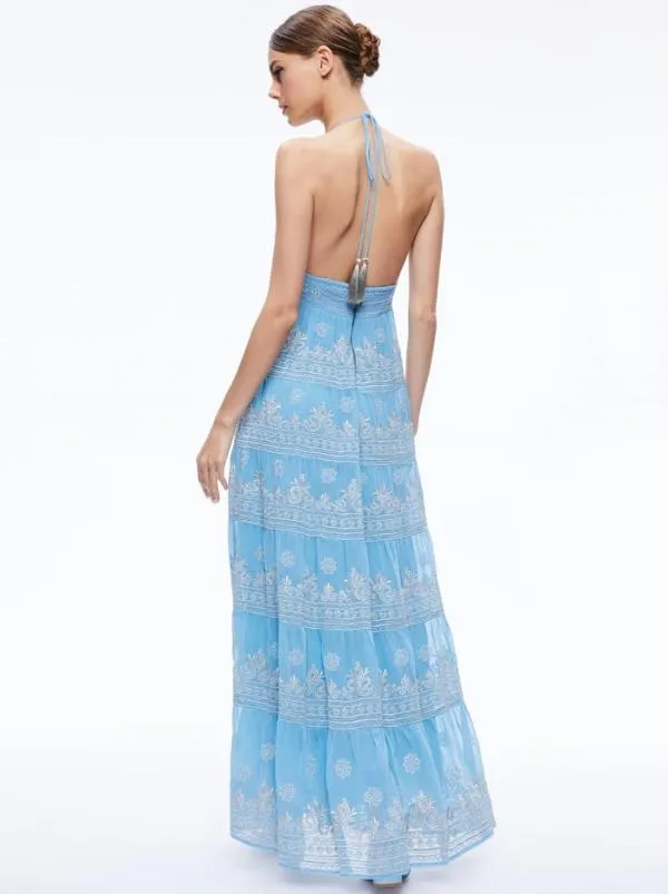 Dresses Women Alice Olivia KAROLINA EMBROIDERED HALTER NECK MAXI DRESS Oxford Bluesilver