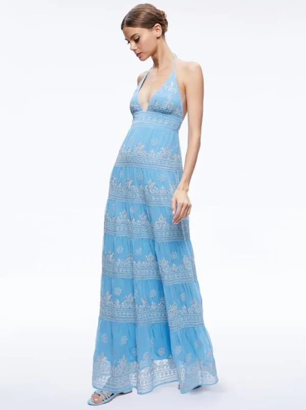 Dresses Women Alice Olivia KAROLINA EMBROIDERED HALTER NECK MAXI DRESS Oxford Bluesilver