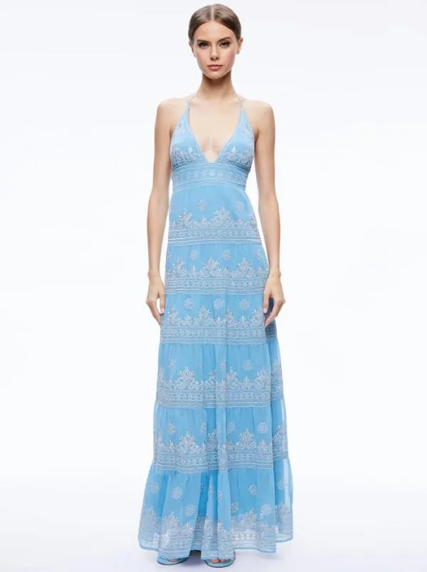 Dresses Women Alice Olivia KAROLINA EMBROIDERED HALTER NECK MAXI DRESS Oxford Bluesilver