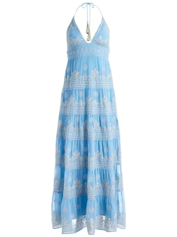 Dresses Women Alice Olivia KAROLINA EMBROIDERED HALTER NECK MAXI DRESS Oxford Bluesilver