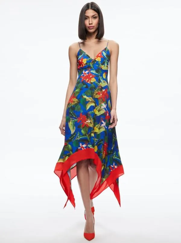 Dresses Women Alice Olivia KAYSON VNECK HANDKERCHIEF HEM DRESS Tropical Sunrise Sapphire Dresses Women Alice Olivia KAYSON VNECK HANDKERCHIEF HEM DRESS Tropical Sunrise Sapphire