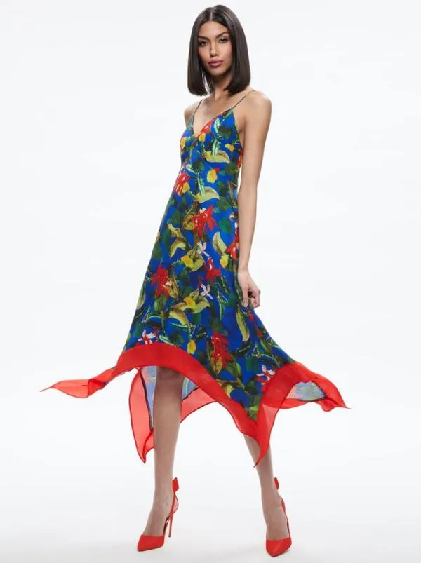 Dresses Women Alice Olivia KAYSON VNECK HANDKERCHIEF HEM DRESS Tropical Sunrise Sapphire