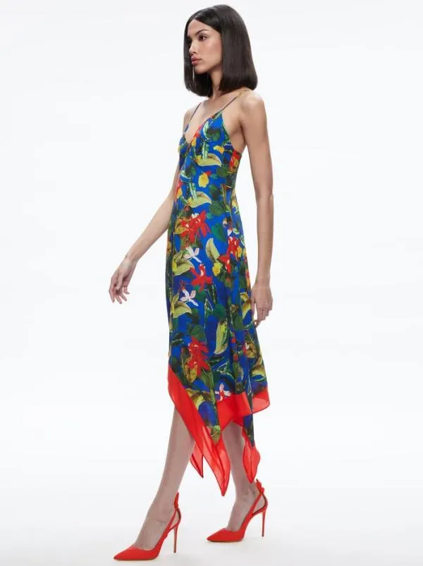 Dresses Women Alice Olivia KAYSON VNECK HANDKERCHIEF HEM DRESS Tropical Sunrise Sapphire