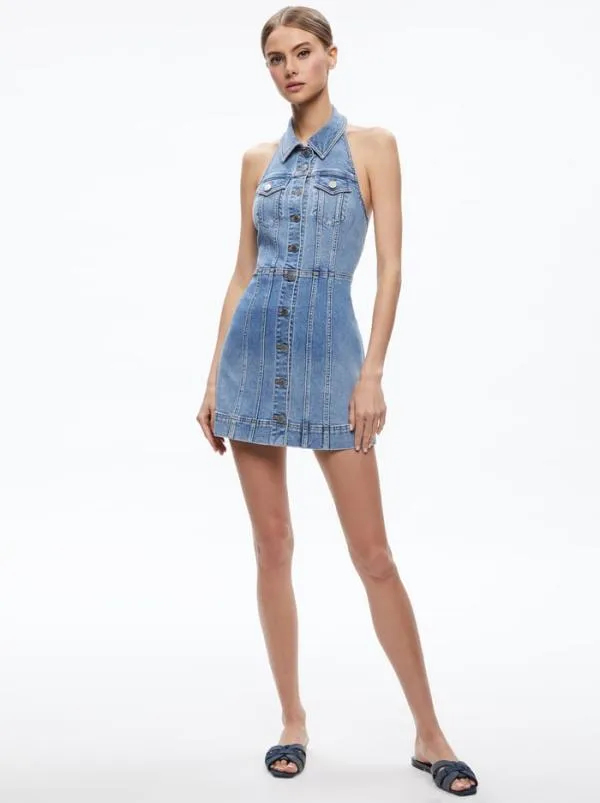 Dresses Women Alice Olivia KENDALL DENIM HALTER MINI DRES Ivy Blue