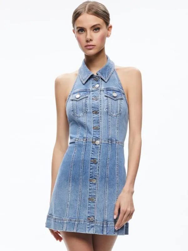 Dresses Women Alice Olivia KENDALL DENIM HALTER MINI DRES Ivy Blue