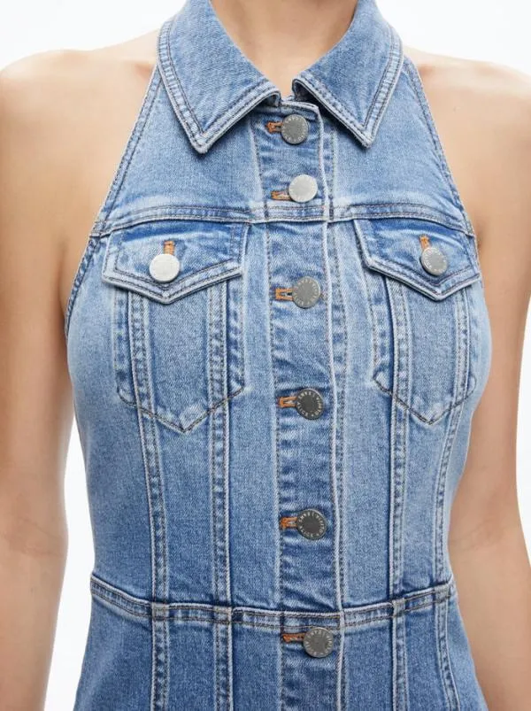 Dresses Women Alice Olivia KENDALL DENIM HALTER MINI DRES Ivy Blue