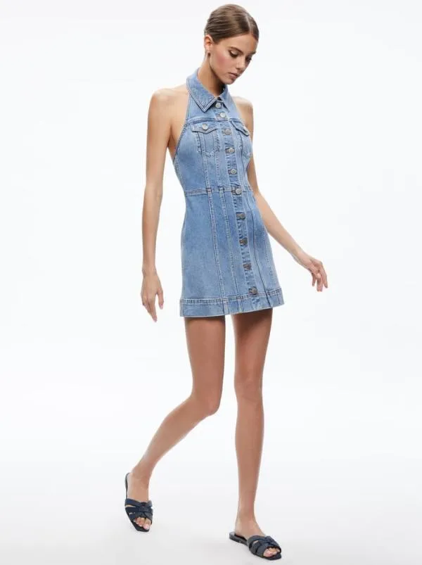Dresses Women Alice Olivia KENDALL DENIM HALTER MINI DRES Ivy Blue