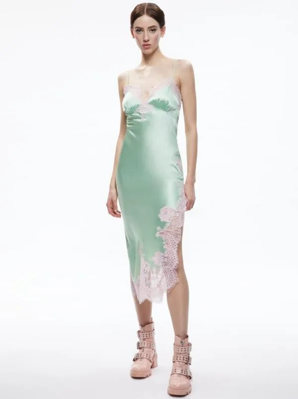 Dresses Women Alice Olivia KERR LACE TRIM ASYMMETRICAL SLIP MIDI DRESS Pistachio