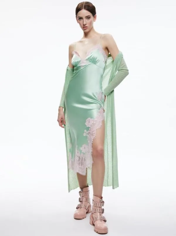 Dresses Women Alice Olivia KERR LACE TRIM ASYMMETRICAL SLIP MIDI DRESS Pistachio