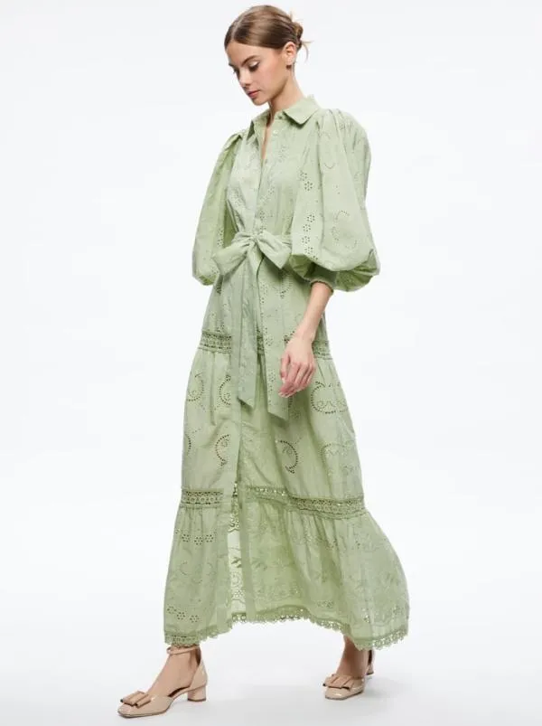 Dresses Women Alice Olivia LILLY COLLARED EYELET MAXI DRESS Green Tea
