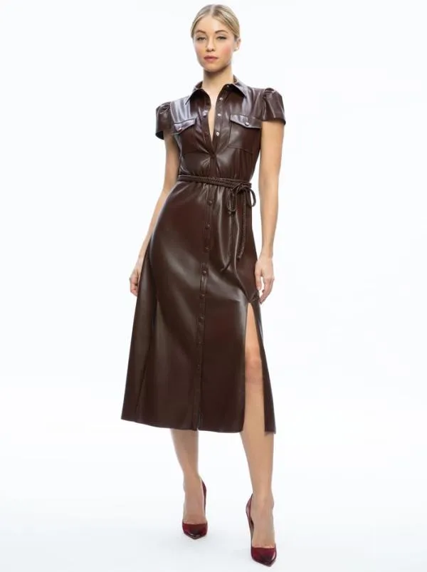 Dresses Women Alice Olivia MIRANDA VEGAN LEATHER MIDI DRESS Toffee