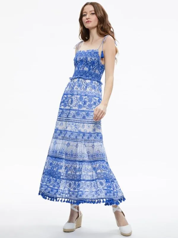 Dresses Women Alice Olivia MONNIE SMOCKED TIE STRAP TIERED MIDI DRESS Greek Tile Dresses Women Alice Olivia MONNIE SMOCKED TIE STRAP TIERED MIDI DRESS Greek Tile