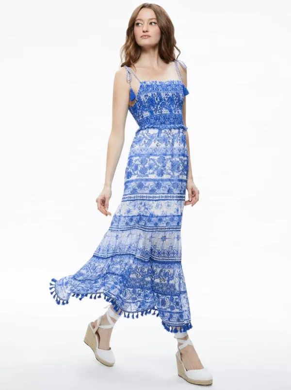 Dresses Women Alice Olivia MONNIE SMOCKED TIE STRAP TIERED MIDI DRESS Greek Tile