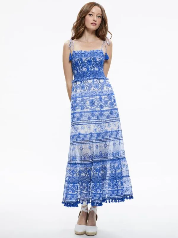 Dresses Women Alice Olivia MONNIE SMOCKED TIE STRAP TIERED MIDI DRESS Greek Tile