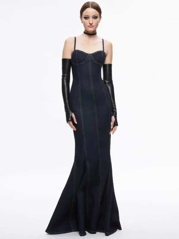 Dresses Women Alice Olivia NATACHA GODET MAXI DENIM DRESS Dark Rinse