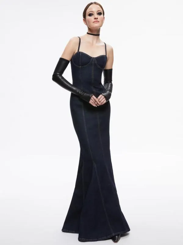 Dresses Women Alice Olivia NATACHA GODET MAXI DENIM DRESS Dark Rinse