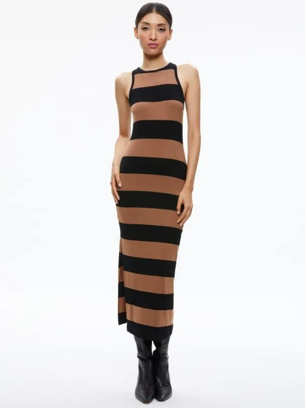 Dresses Women Alice Olivia PANIA RACERBACK SIDE SLIT MAXI DRESS Camelblack Stripe