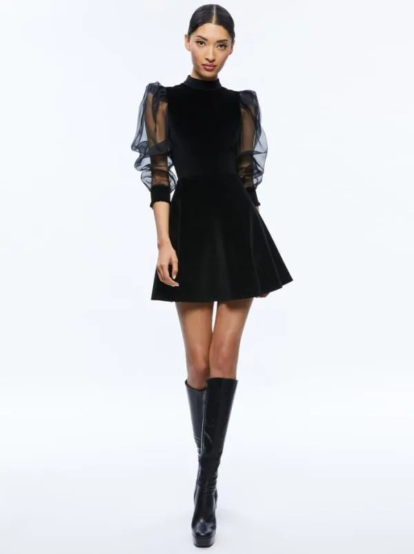 Dresses Women Alice Olivia PAULETTE MOCK NECK PUFF SLEEVE MINI DRESS Black