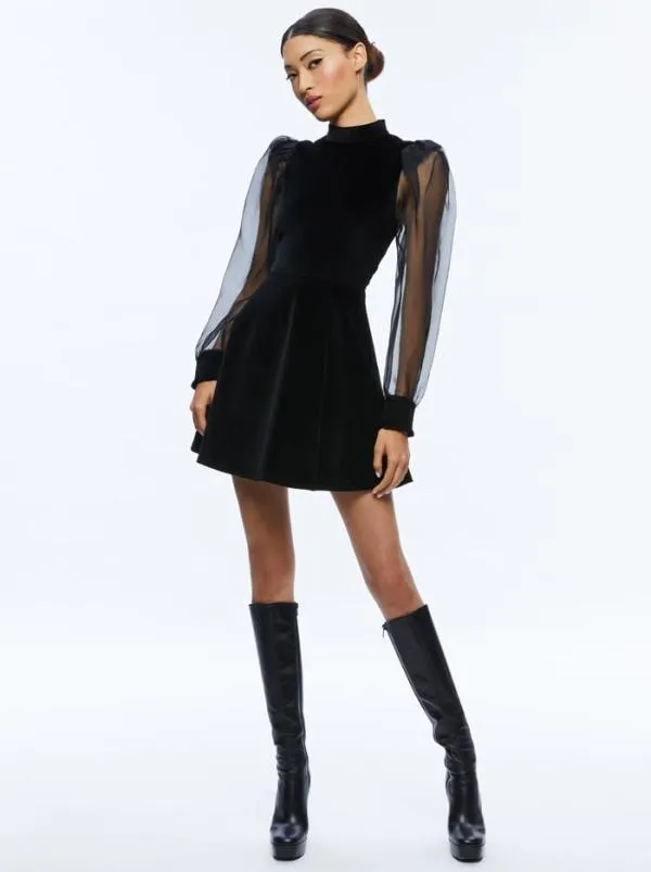 Dresses Women Alice Olivia PAULETTE MOCK NECK PUFF SLEEVE MINI DRESS Black