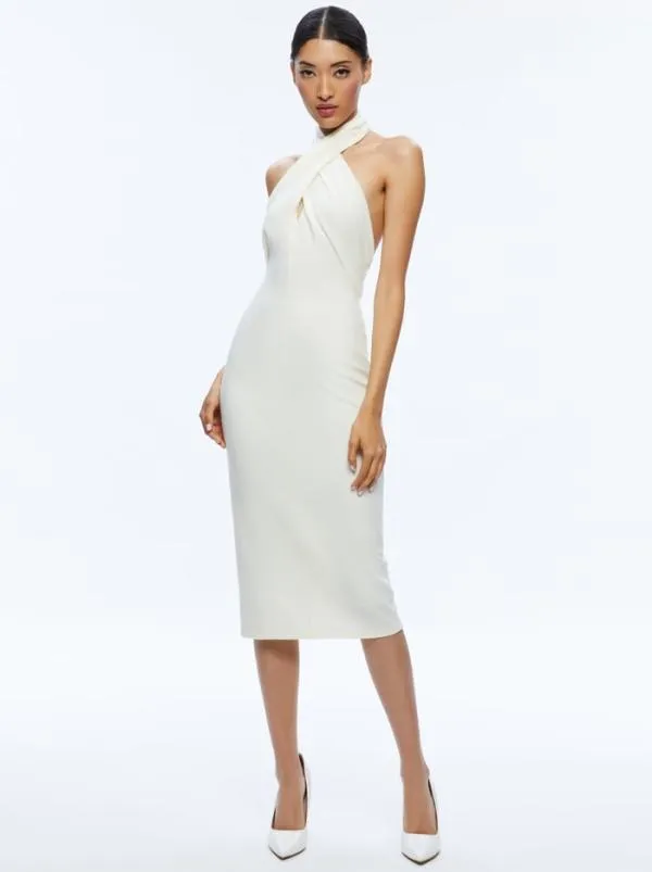 Dresses Women Alice Olivia SUELLEN TWIST NECK HALTER MIDI DRESS Ecru