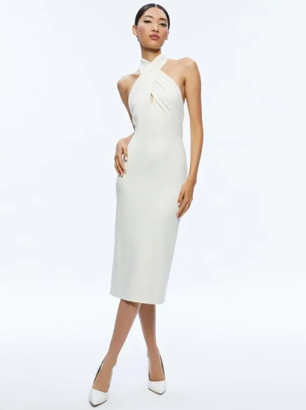 Dresses Women Alice Olivia SUELLEN TWIST NECK HALTER MIDI DRESS Ecru