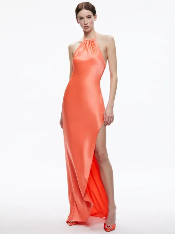 Dresses Women Alice Olivia ZUMI OPEN BACK HALTER MAXI DRESS Coral Sunset