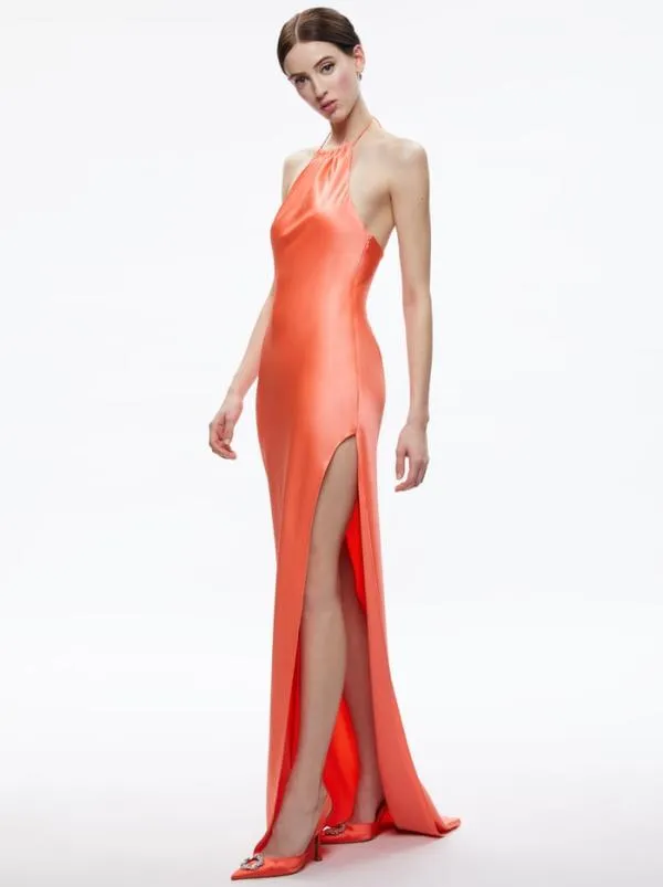Dresses Women Alice Olivia ZUMI OPEN BACK HALTER MAXI DRESS Coral Sunset