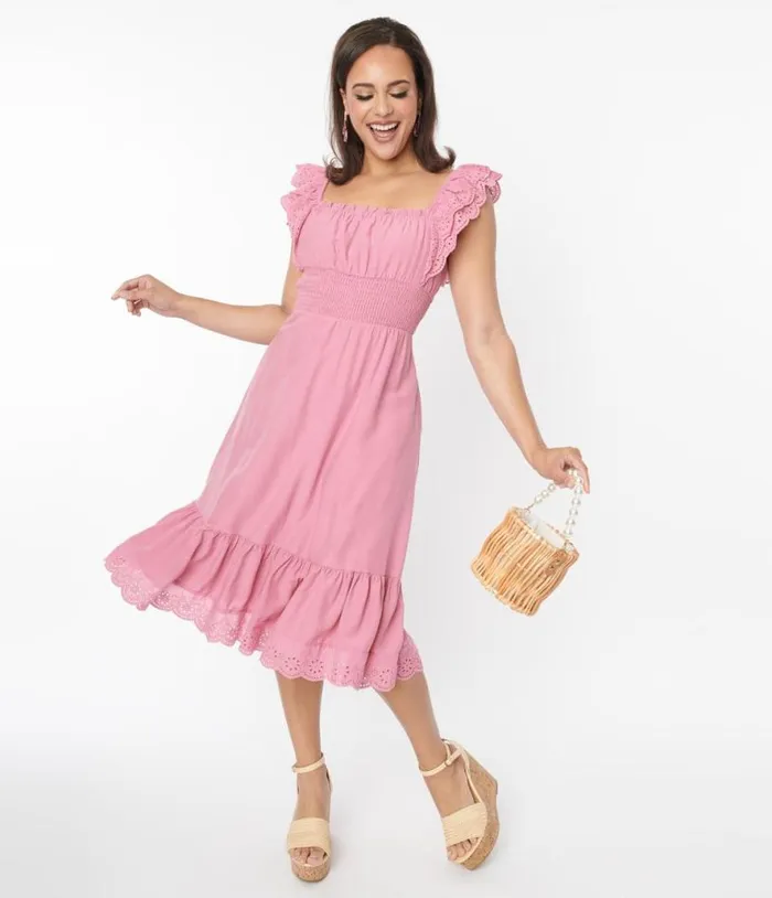 Dusty Rose Eyelet Ruffle Trim Midi Dress Dresses Unique Vintage Midi