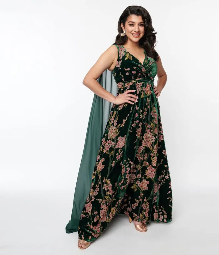 Emerald and Cherry Blossom Velvet Cape Maxi Dress DressesPlus Unique Vintage Midi and Maxi Emerald and Cherry Blossom Velvet Cape Maxi Dress DressesPlus Unique Vintage Midi and Maxi