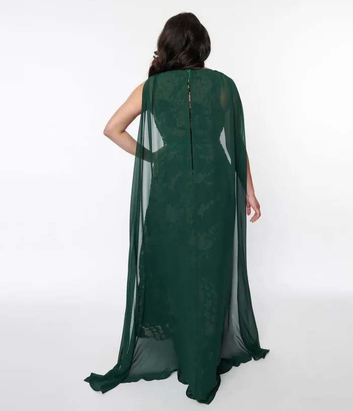 Emerald and Cherry Blossom Velvet Cape Maxi Dress DressesPlus Unique Vintage Midi and Maxi