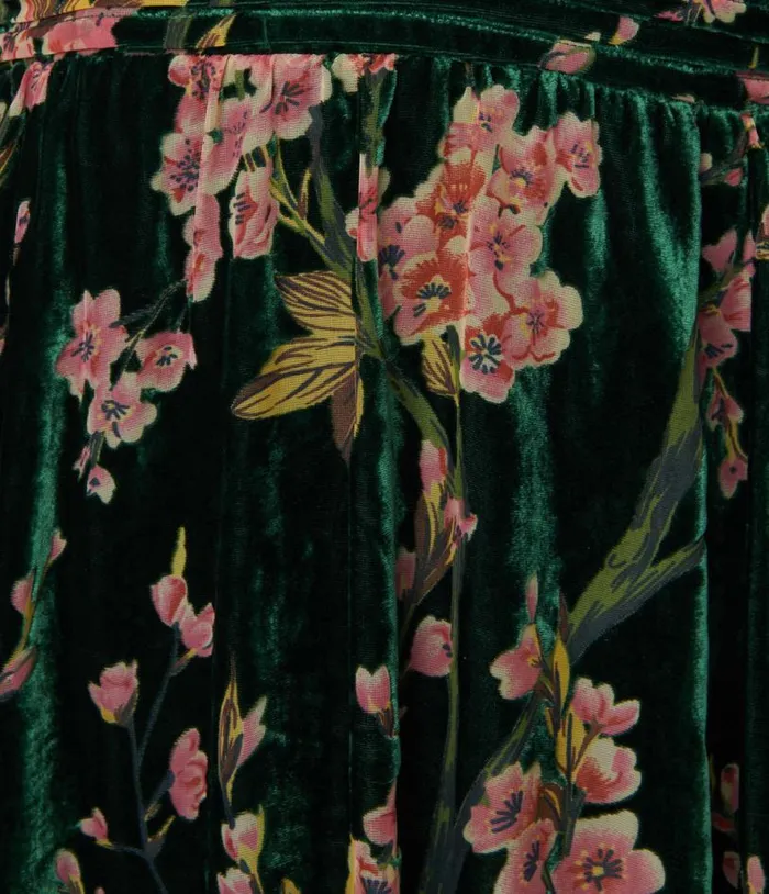 Emerald and Cherry Blossom Velvet Cape Maxi Dress DressesPlus Unique Vintage Midi and Maxi