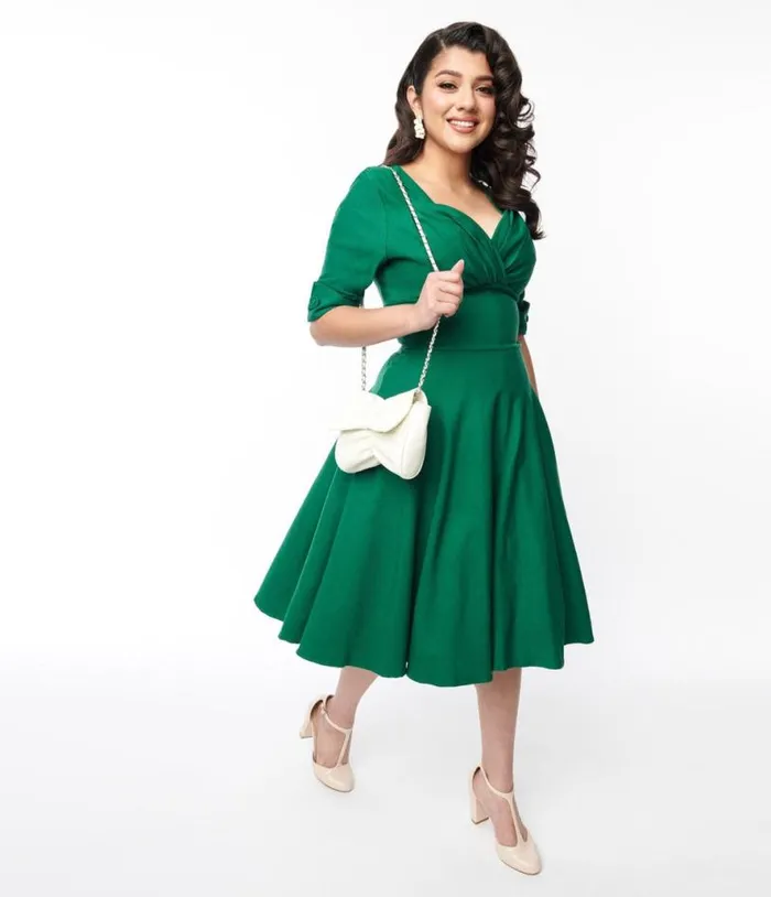 Emerald Green Delores Swing Dress With Sleeves Dresses Unique Vintage Pocket Dresses